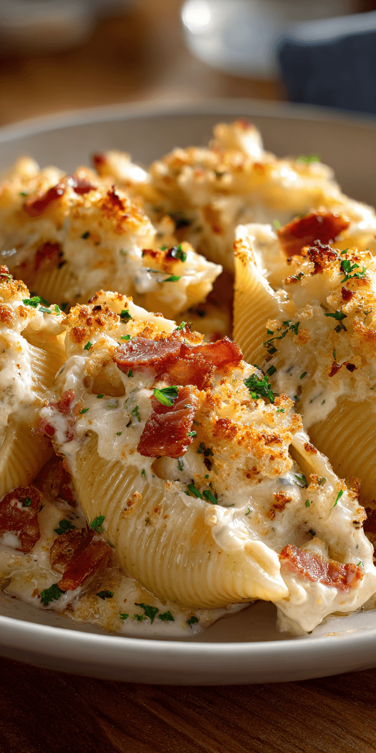 Creamy Loaded Bacon Mac and Cheese Stuffed Shells Delight! served warm with cozy spices