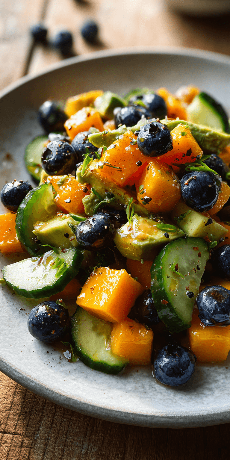 Mango Cucumber Salad with Blueberries and Avocado served warm with cozy spices