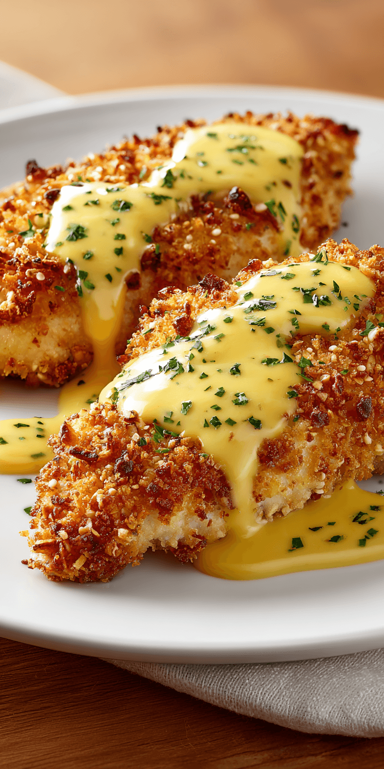 Pretzel-Crusted Chicken with Creamy Mustard Cheddar Sauce served warm with cozy spices
