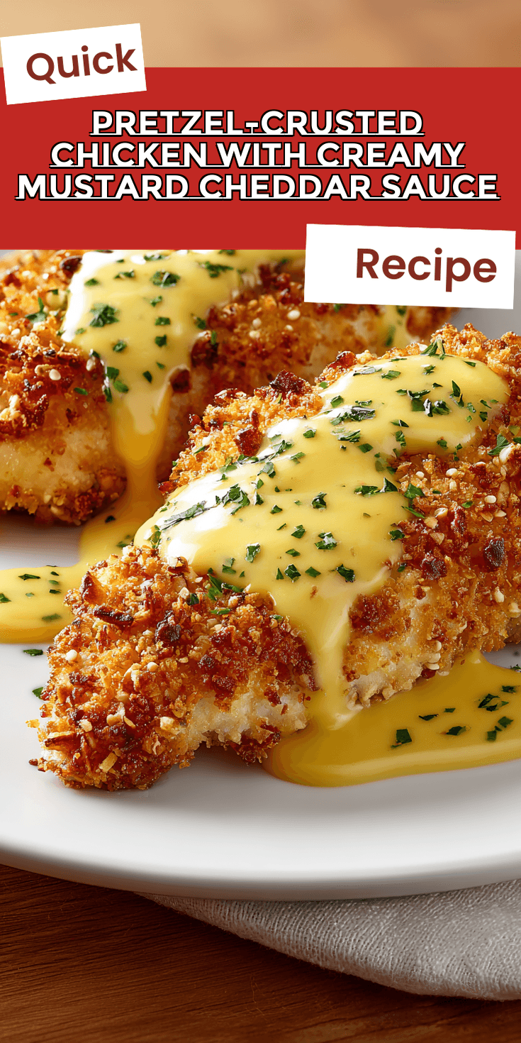 Pretzel-Crusted Chicken with Creamy Mustard Cheddar Sauce served warm with cozy spices